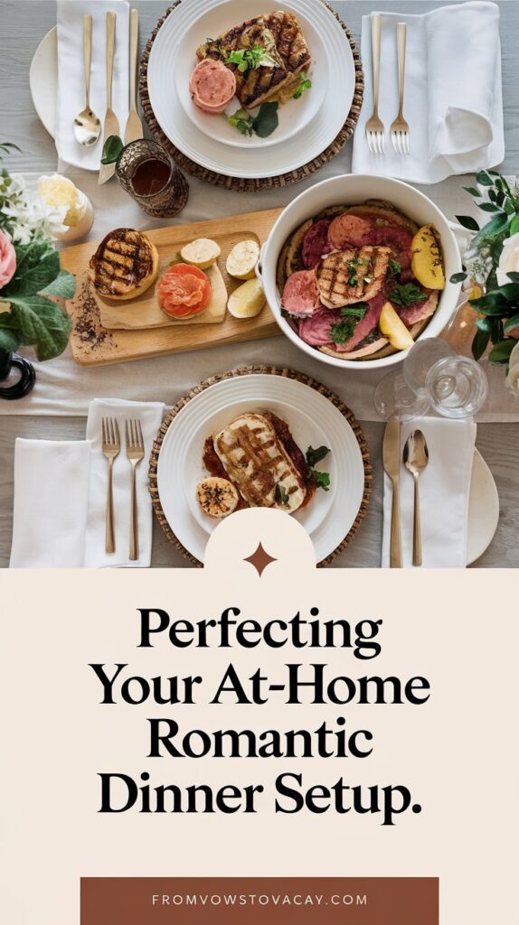 Dinner spread with steak, potatoes and a tablescape