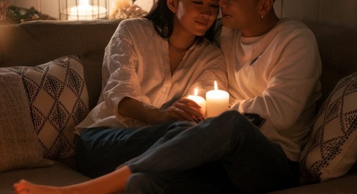 A cozy, romantic setting with candles, a home-cooked meal, and a couple cuddled up on the couch.