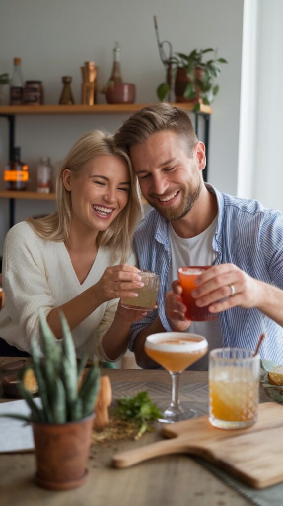 A newlywed couple sharing drinks together that were crafted at home.