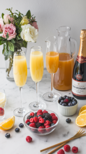 A mimosa bar with flutes and bowls of fruit