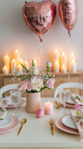 pastel themed table setting with fresh flowers