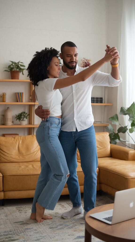 A couple laughing while dancing in their living room, possibly with a laptop open showing a dance tutorial.