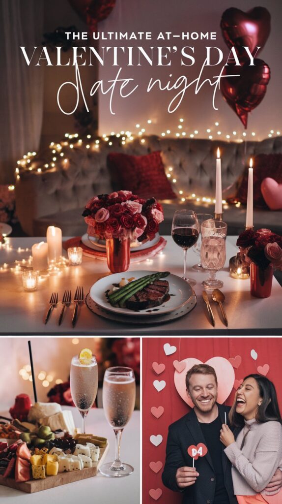 Collage of valentine's day celebration ideas from a photo booth, to wine and cheese to a steak dinner