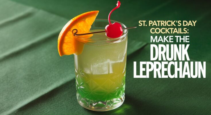 A vibrant image of the Drunk Leprechaun cocktail in a highball glass, garnished and ready to serve.