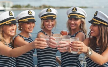 Bachelorette party in sailor hats on a deck