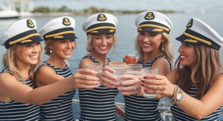 Bachelorette party in sailor hats on a deck